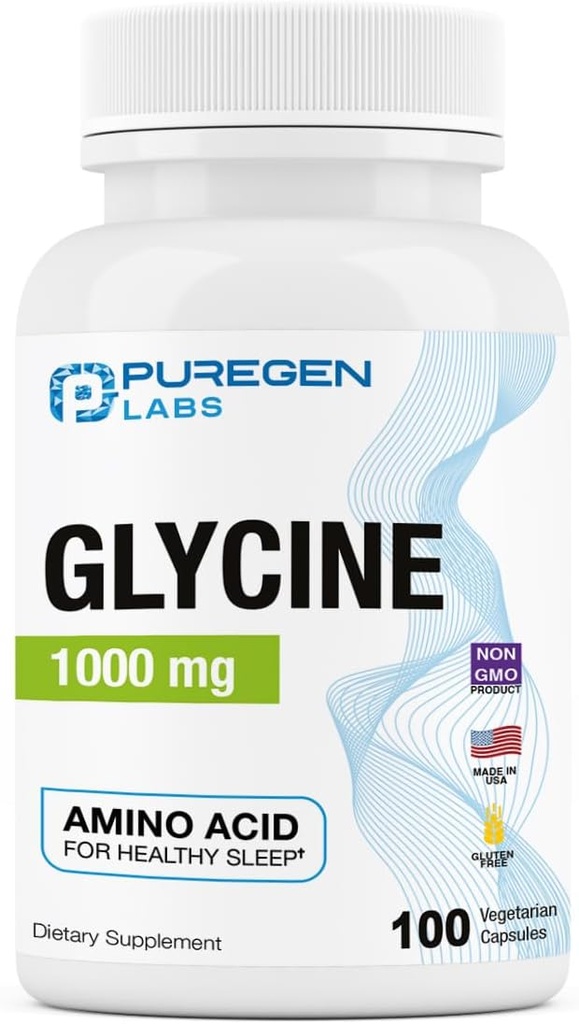 Puregen Labs Glycine 1000mg [High Power] 100 Vegetariškų kapsulių, propaguoja sveiką miegą 124; nėra kenksmingų priedų iš 124; Non- GMO, NO Gluten ir Dairy Μ124; Pagaminta JAV - 100 Paslaugos