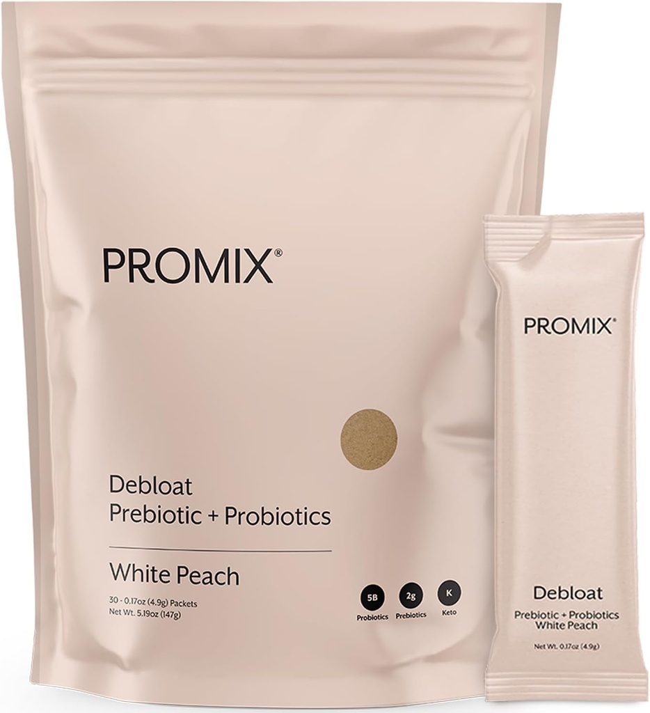 ProMix Nutrition Debloat Prebiotikai ir probiotikai, Bloating Relief for Women, Gut Cleanse Detox vyrams ir imuninei paramai - Baltas Persikas - 30 Paslaugos (pakuotėje 30)