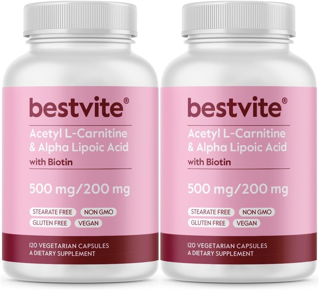 BESTVITE acetil L-karnitinas 500mg ir alfa lipoidinė rūgštis 200mg vienoje kapsulėje su biotinu (240 vegetariškų kapsulių) (120 x 2) - Nėra Stearates - Vegan - Ne GMO - Gluten Free