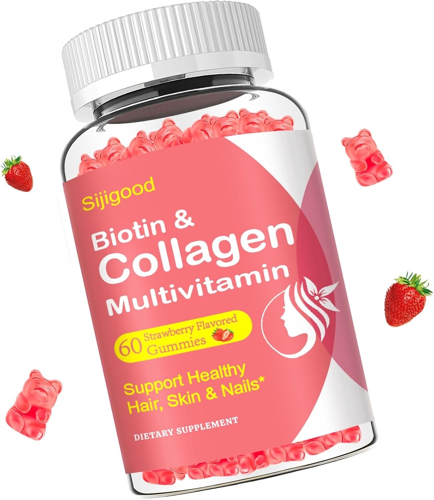 Collagen Gummies for Women, Women over 50, Collagen Peptides Protein Type I, II, III, V, X with Biotin Keratino Vitaminas C D E B12 K2 odos plaukų nagų imunitetas Energija 60 braškių flavored Gummies