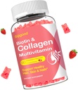 Collagen Gummies for Women, Women over 50, Collagen Peptides Protein Type I, II, III, V, X with Biotin Keratino Vitaminas C D E B12 K2 odos plaukų nagų imunitetas Energija 60 braškių flavored Gummies