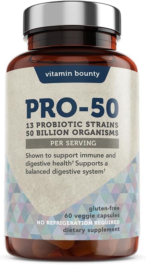 Vitamin Bounty Pro-50 Probiotics 50 Billion CFU for Women & Men - 13 Multi Strain Probiotic + Prebiotic - Digestive Health Supplements for Gut Health Support - Delayed Release Capsules for Men & Women