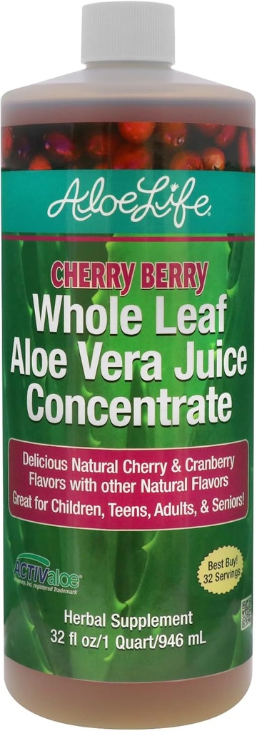 Aloe Life - visas lapelis Aloe Vera Juice, Sertifikuotas ekologiškas, neapmuitintas (Cherry Berry, 32 oz)