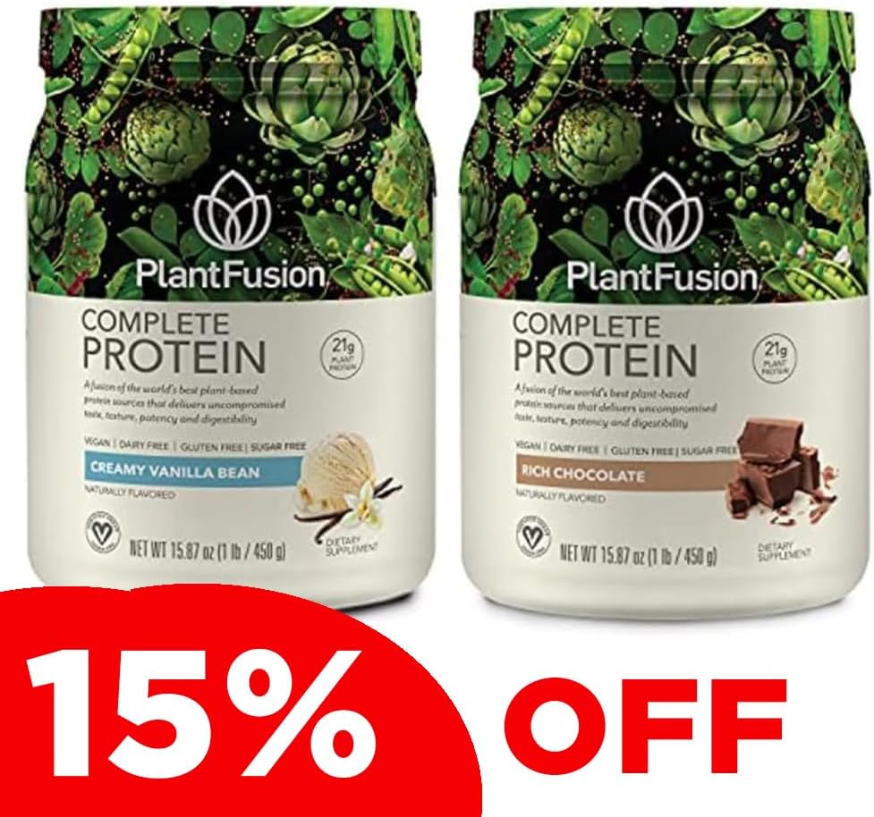 PlantFusion Complete Plant Based Pea proteino milteliai Bundle, Non- GMO, Vegan, Dairy Free, Gluten Free, Soy Free, Alergija Free w / Digestive fermentų, Dieta priedas, Vanilla Bean ir Šokoladas 1 Svaras