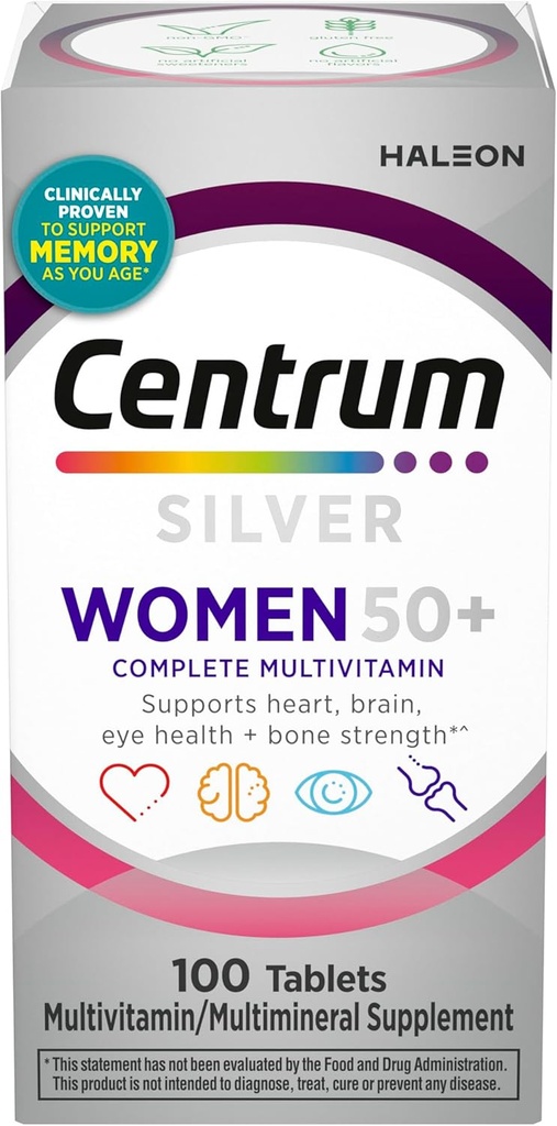 Centrum Silver 's Multivitaminų moterims 50 Plus, Multivitaminas / Multimineralinis papildas su vitaminu D3, B vitaminais, ne GMO ingredientais, parama atminčiai ir kognicijai vyresnio amžiaus suaugusiesiems - 100 Ct