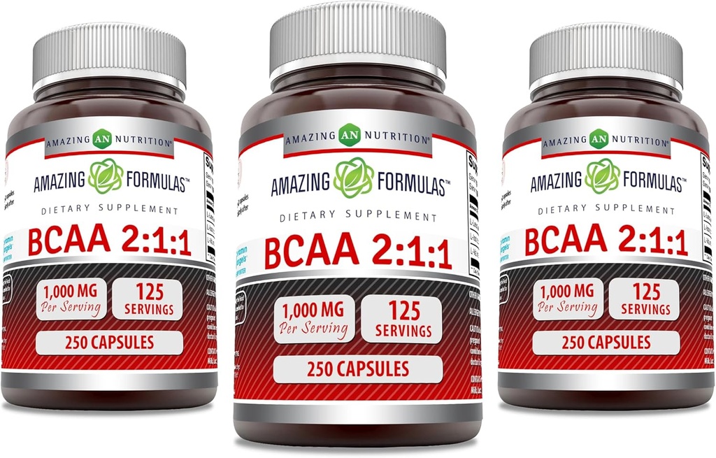 Amazonės formulės BCAA 2: 1: 1 1000 Mg vienam servinčiam 124; Capsules ® 124; šakotosios grandinės aminorūgščių priedas (124; ne GMO 124; laisvojo gluteno 124; Pagaminta JAV (3 rinkinys, 250 grafas)