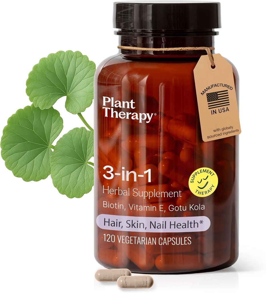 Augalinė terapija 3- in-1 Biotino kapsulės su vitaminu E & Gotu Kola Pagaminta JAV 4 Mėnesio tiekimo Palaiko spinduliuojanti oda, Plaukų augimas ir stiprūs nagų papildai moterims 120 Vegetariška kapsulė