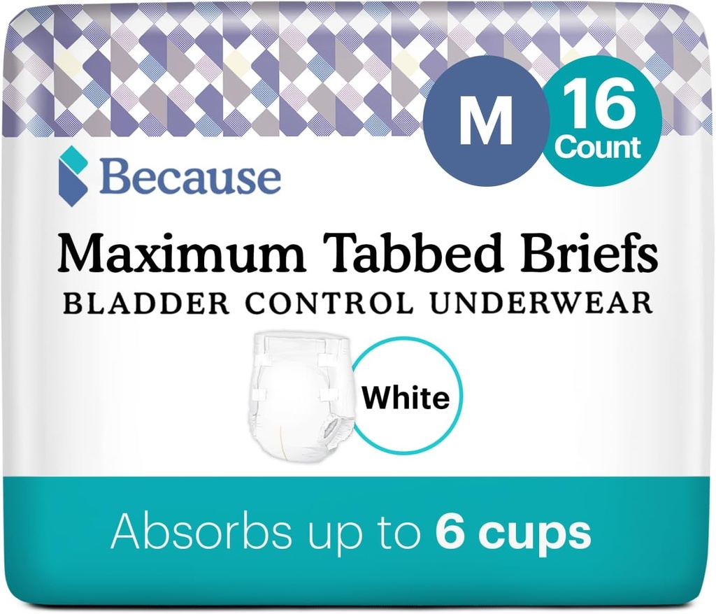 Because Adult Incontinence Tabbed Briefs for Women and Men - Adjustable Unisex Maximum Absorbency Disposable Underwear, Anti-Odor, Holds 6 Cups - White, Medium, 16 Count (Pack of 1)