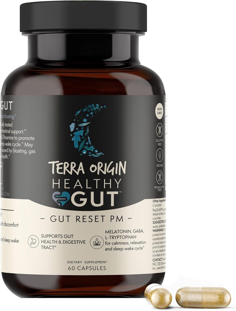 TERRA ORIGIN Healthy Gut Reset PM | 60 Veggie Capsules | Natural Sleep Aid Supplement for Sleep & Wake Cycles | GABA, L-Tryptophan, Melatonin, L-Glutamine, Licorice Root, Slippery Elm Root