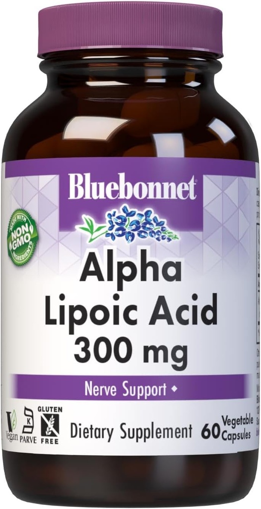BlueBonnet Alpha Lipoic Acid 300mg - Galingas antioksidantas nervo paramos papildas moterims ir vyrams - Ne GMO, Vegan, Kosher - Nemokamas, Sojos - Nemokamas, Maistas - Nemokamas - 60 Daržovių kapsulės