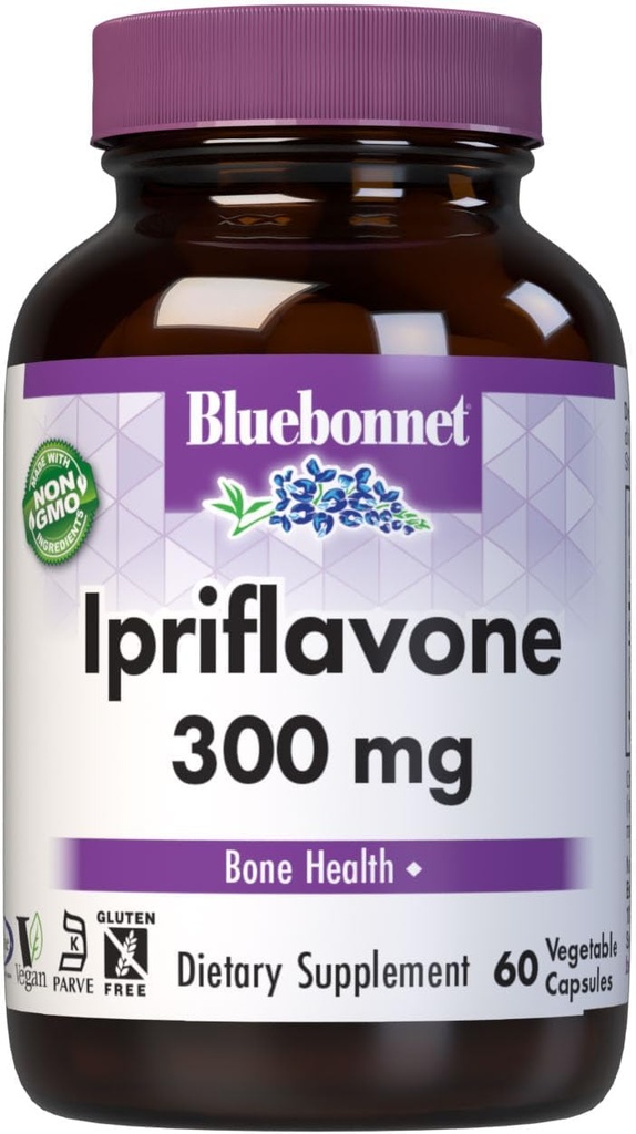 BlueBonnet Nutrition Ipriflavone 300mg - Kaulų sveikatai * - Ostivone Source - Non- GMO, Vegan, Kosher Certified, Gluten- free, Soy- Free, Maistas nemokamai - 60 Daržovių kapsulės, 60 Servings