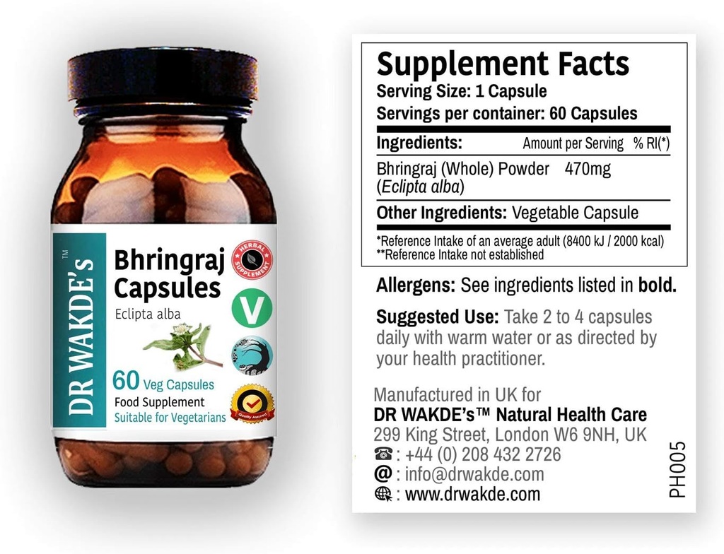 DR WAKDE'S Bhringraj Capsules (False Daisy, Eclipta alba, 60 Veg Caps, Plant-Based Supplement, Ayurvedic Herb, All Natural, Vegan)