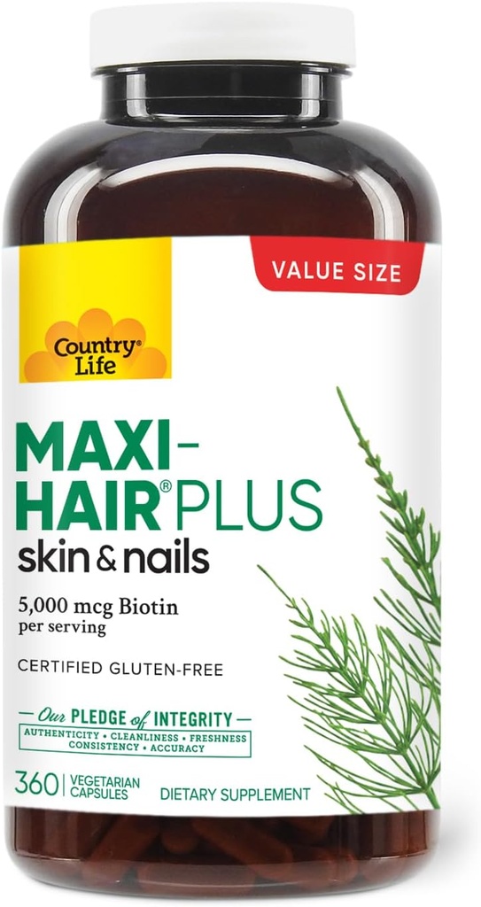 Country Life Maxi- Hair Plus 5000 mcg Biotin, 360 kapsulės, Sertifikuotas Gluten Free, Sertifikuotas vegetarian