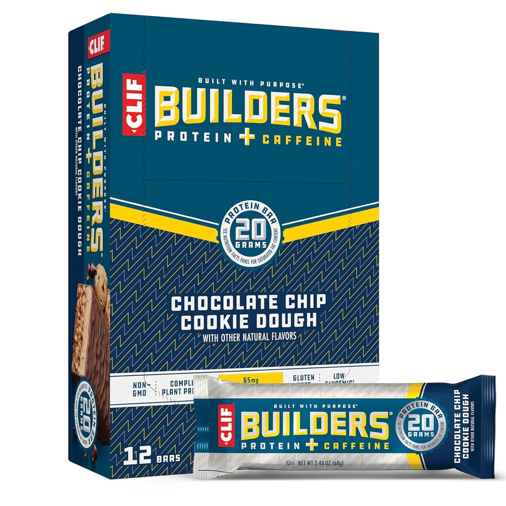 CLIF BUILERS + Kofeino baltymų barai - Šokoladas Chip Cookie Dough Flavor - 20g Augalų baltymų - Gluten Free - Non- GMO - Mažas glicemic - Nr Dirbtiniai saldikliai - 2.4 oz. (12 rinkinys)