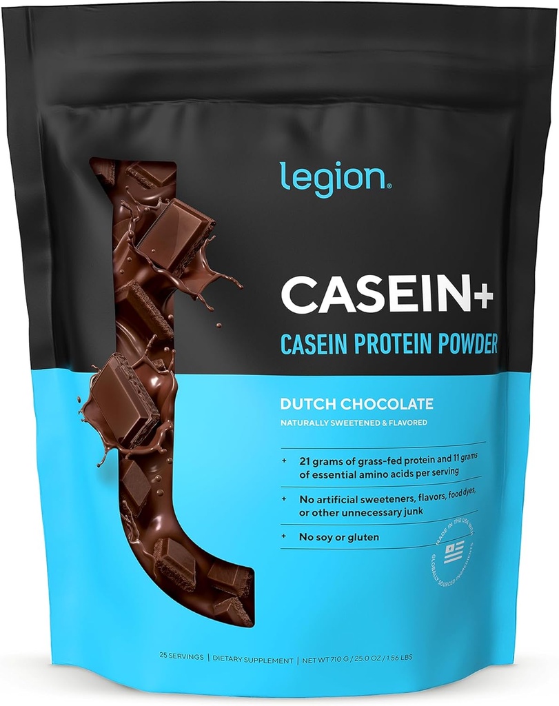 LEGION Casein Protein Powder (Dutch Chocolate) - Slow-Release Micellar Casein Protein Powder - Non-GMO, Gluten-Free & Naturally Sweetened Powder from Grass-Fed Cows (25 Servings)