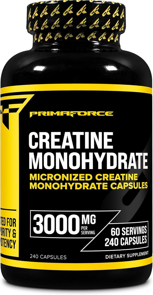 Primaforce Creatine monohydro kapsulės - 240 kapsulių, 3000 mg vienam servinčiam, Gluten Free ir Non-GMO