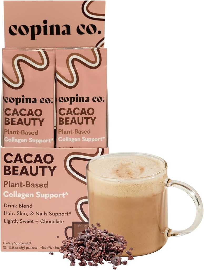 Copina Co. Cacao Grožio Vegan Kolageno girtuoklis Drink Blend: Plant-Based Collagen Smoothie Drink Vegan Blend Variance Pack "124; Cacao Flavor ® 124; 10 Individualios dėmių pakuotės dėžutėje