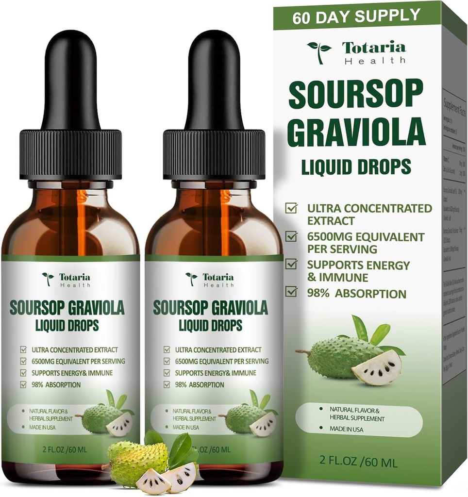 (2 pakuotės) Grynas Soursop Graviola Skystis Drop Support Digestive Skin Health, Miego & Antioksidantas - Guanabana Oil Organic Leaf Exact Soursop Bitters Liquid Drops, Natural Sfeor, Non- GMO, Vegan, 4 Fl Oz