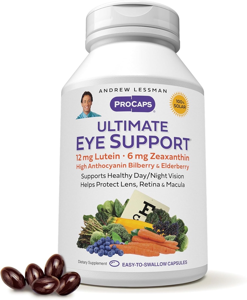 ANDREW LESSMAN Ultimate Eye Support 360 Softgels - 12 mg Lutein, 6 mg Zeaksantino, Bilberry, Key Nutrients to Support Eye Health and Promotion Heal Vision. Nėra priedų. Lengvai nuryjami Softgels