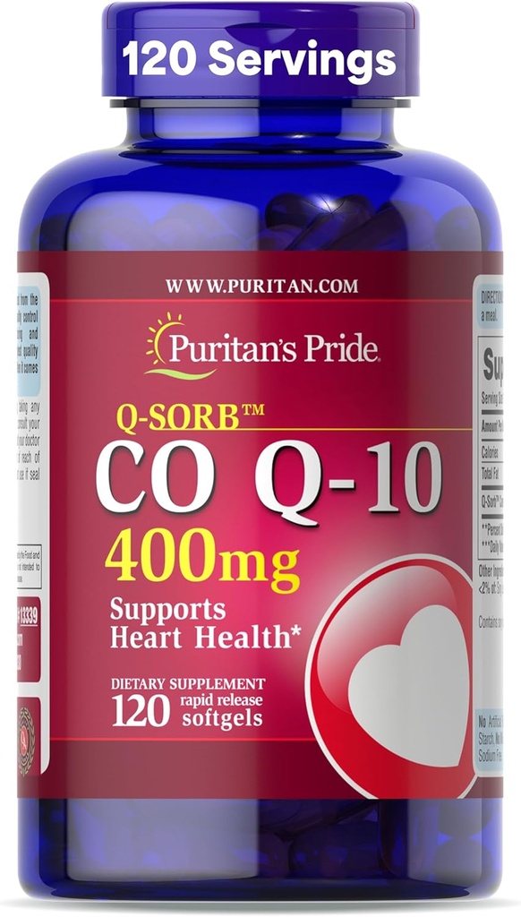 Puritan 's Pride Coferment CoQ10 400mg, Maisto papildai širdies sveikatai, kraujo spaudimui, burnos gleivinės sveikatai ir sveiko senėjimo palaikymui, 120 dienų tiekimo, greitai išleidžiamų minkštųjų medžiagų