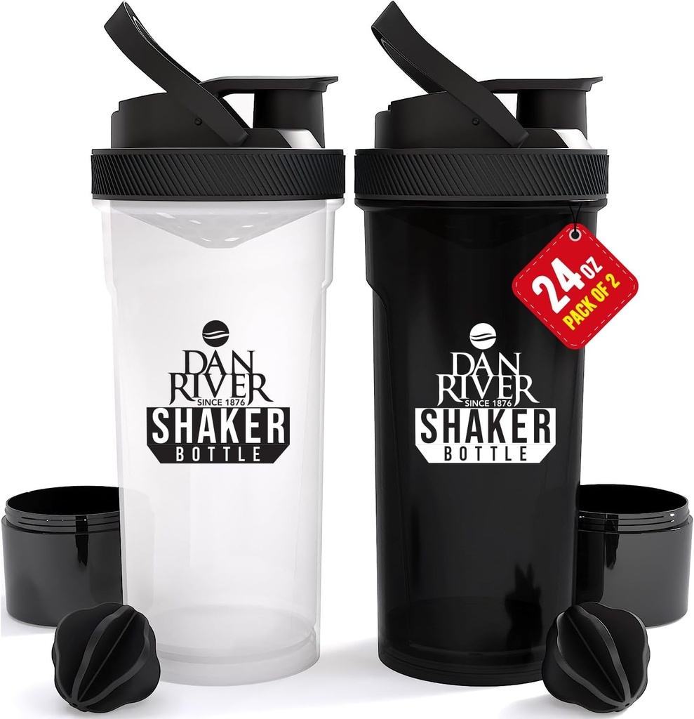 DAN RIVER 2-Pack Shaker Butelis ® 124; 24oz Plastic proteine Shaker & Mixer ® 124; Twist & Lock Design for SmoothSies & Baltymų Mišiniai ® 124; patvarus, Lea- įrodymas, lengva valyti ® 124; Clear & Black Shaker Buteliai Gym