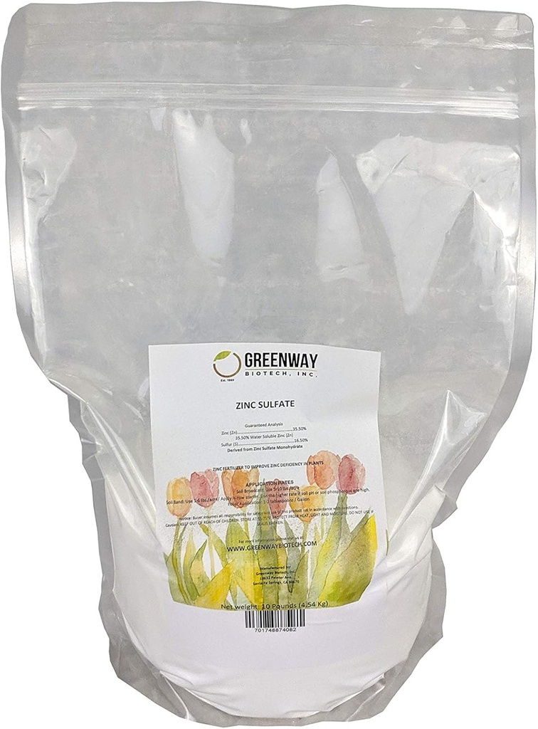 Zinc Sulfate Powder 35.5% Monohydrate Plus 16.5% Sulfur Greenway Biotech Brand 10 Pounds