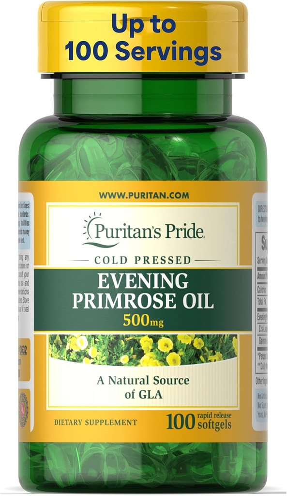 Puritan "Pride Cold pressed Evening Primrose Oil 500 mg su GLA, Dietinės paramos priedas moterims ir odos sveikatai, 100 Greitas spaudai minkšti geliai