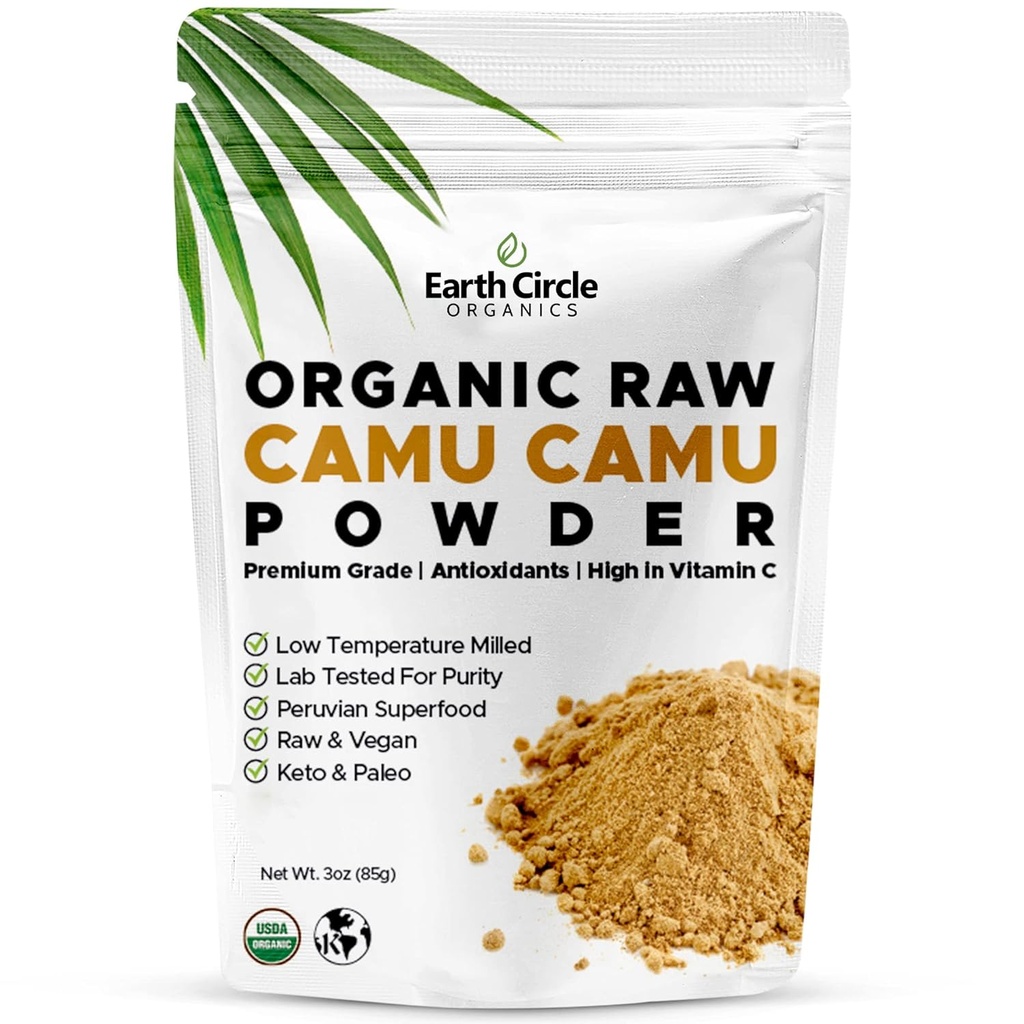 Earth Circle Organics Camu Camu Powder – Organic Raw Berry Powder with Natural Vitamin C & Antioxidants – Vegan, Kosher, Non-GMO Superfood for Immunity & Energy – 3oz (Pack of 1)
