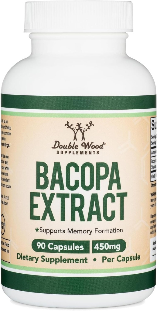 Bacopa Monnieri Capsules 20% Bacosides 450mg, 90 Count (Non- GMO, Gluten Free) Brahmi ekstraktas (Atminties priedas smegenų sveikatos, Focus, ir cognitive funkcija) pagal Double Wood