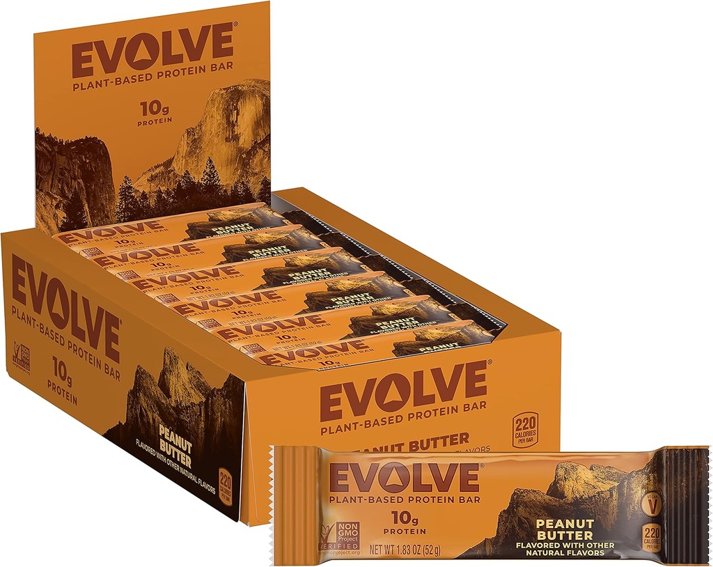 Evolve Augalų baltymų bar, žemės riešutų sviestas, pieno nemokamai, Nr Dirbtinių skonių, Ne GMO, Packaging May Vary, 10 g, 12 Count (Pack of 1)