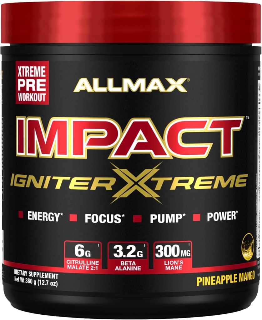 ALLMAX Nutrition - Smūginis Igniter Extreme PreWorkout milteliai - su citruline Malate, Beta - Alaninas, Kofeinas, Taurinas, ir, Bevandenis betainas (Pineapple Mango)