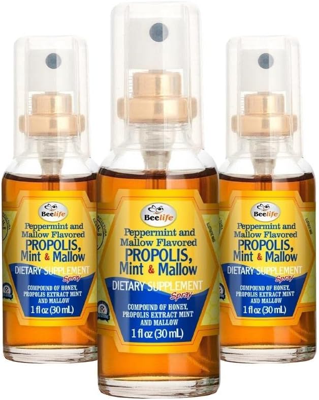 Beelife Propolis Gugat Spray - Raminantis medus, mėtinis ir Malva Propolis Spray - Natūrali imuninė parama ir Sore Gugat Relief - Bee Propolis - Antioksidantai, flavonoidai ir arteprilin C, Gluten- Free - 3 - Pack