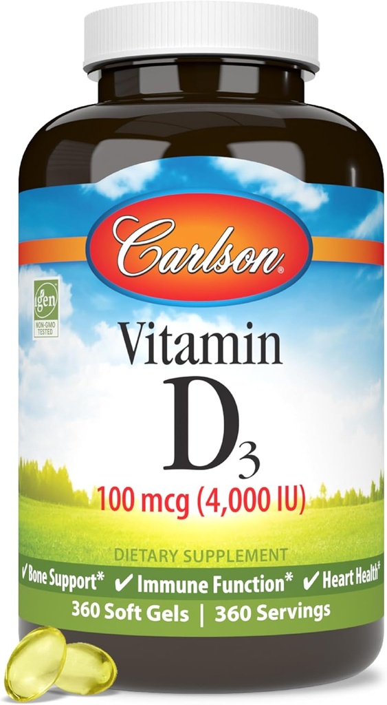 Carlson - Vitaminas D3, 4000 TV (100 µg), kaulų ir imuninė sveikata, Cholecalciferolio papildymas, Gluten Free Vitaminas D Capsules, 360 Softgels
