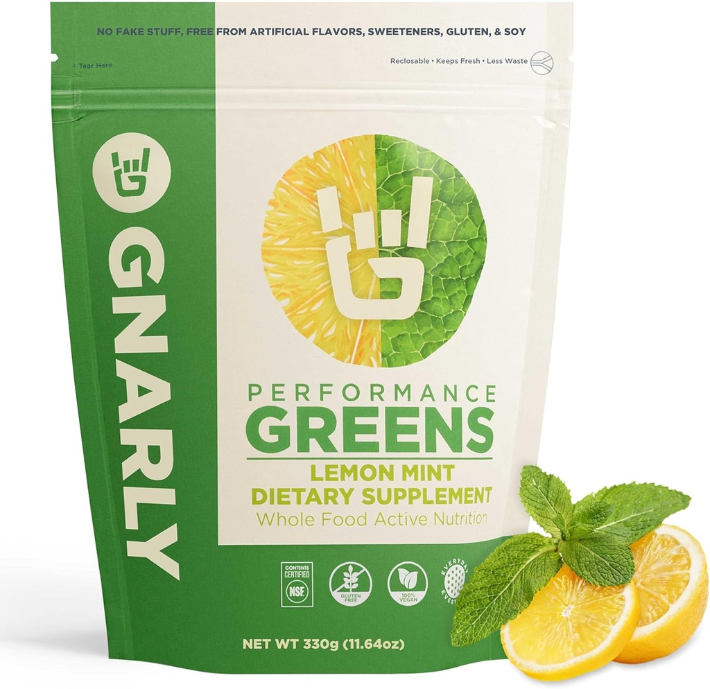 Gnarly Nutrition Greens Superfood Powder – Lemon Mint Performance Super Greens Powder – NSF Contents Certified – Organic, Probiotics & Essential Micronutrients - Lemon Mint, 11.64 oz