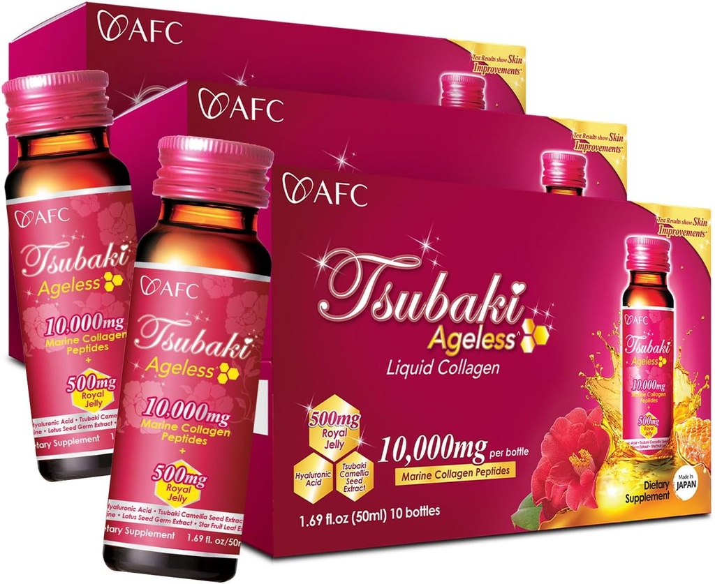AFC Japan Tsubaki Ageless Beauty Collagen Drink from Japan with 10,000mg Marine Collagen Peptides + 500mg Royal Jelly + Hyaluronic Acid + Vitamin Bs & C for Skin Revitalization 1.69fl.ozx10sx3