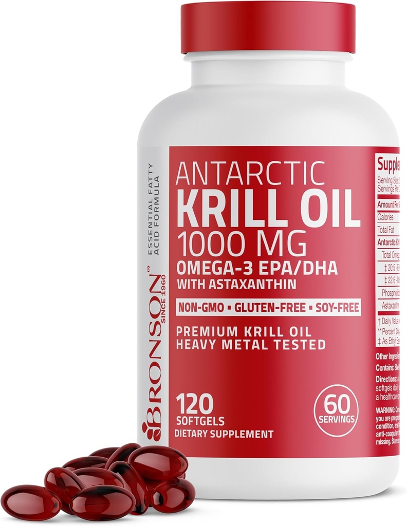 Bronsono Antarkties krilių aliejus 1000 mg su Omega- 3s EPA, DHA, Astaxanthin ir fosfolipidai 120 Softgels