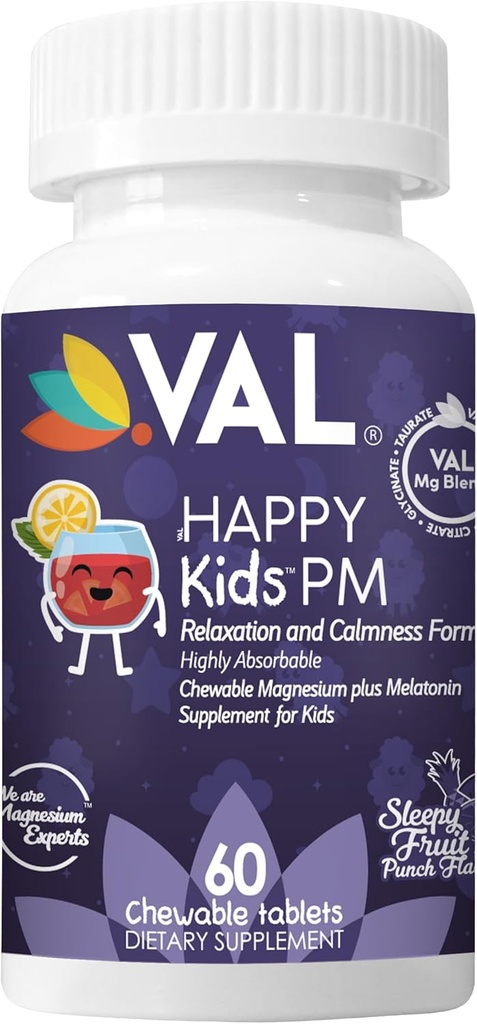 VAL Happy Kids PM – Sugar-Free Chewable Magnesium with Melatonin | Sleep Support for Children | Magnesium Glycinate + Citrate + Taurate | B6, C | Fruit Punch | 60 Tablets | Non-GMO