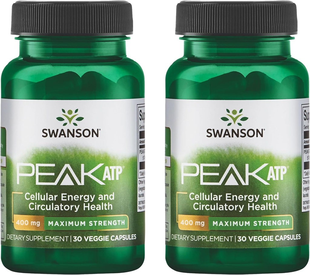 Swanson Maximum Strength Peak ATP-Natural Supplement Promoting Cellular Energy Support-Supports Physical Performance and Promotes Healthy Blood Flow Support-(30 Veggie Capsules, 400mg Each) 2 Pack
