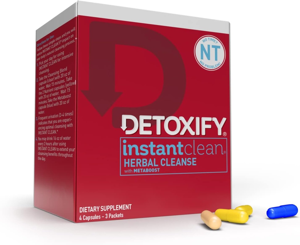 Detoksify - Instant Clean - 4 Capsules - Profesionaliai suformuluotas augalas Detox Capsules - Sustiprintas su Metaconost, Milk Thistle ekstraktas, Uva Ursi & Ginseng ekstraktas - Plius Sticker