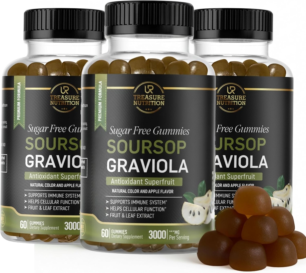 Soursop Leaves & Soursop Fruit Gummies - 3000mg Soursop Extract - 3 Pack Graviola Supplement - Soursop Fruit and Leaf - 60ct - Sugar-Free - Gluten Free – Non-GMO – Vegan Friendly