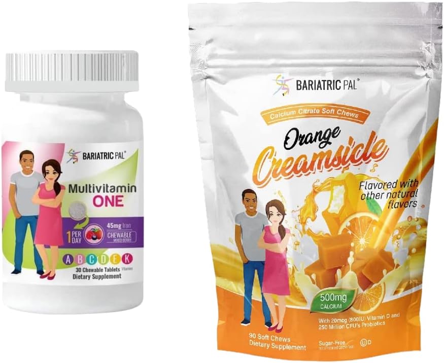 BariatricPal 30-Diena Bariatric Vitaminas Bundle (Multivitaminas ONE 1 per parą! Kramtomoji su 45mg geležies - Mišrios uosio ir kalcio citratų Minkšti Chews 500mg su Probiotikai - Oranžinė kredisonas)