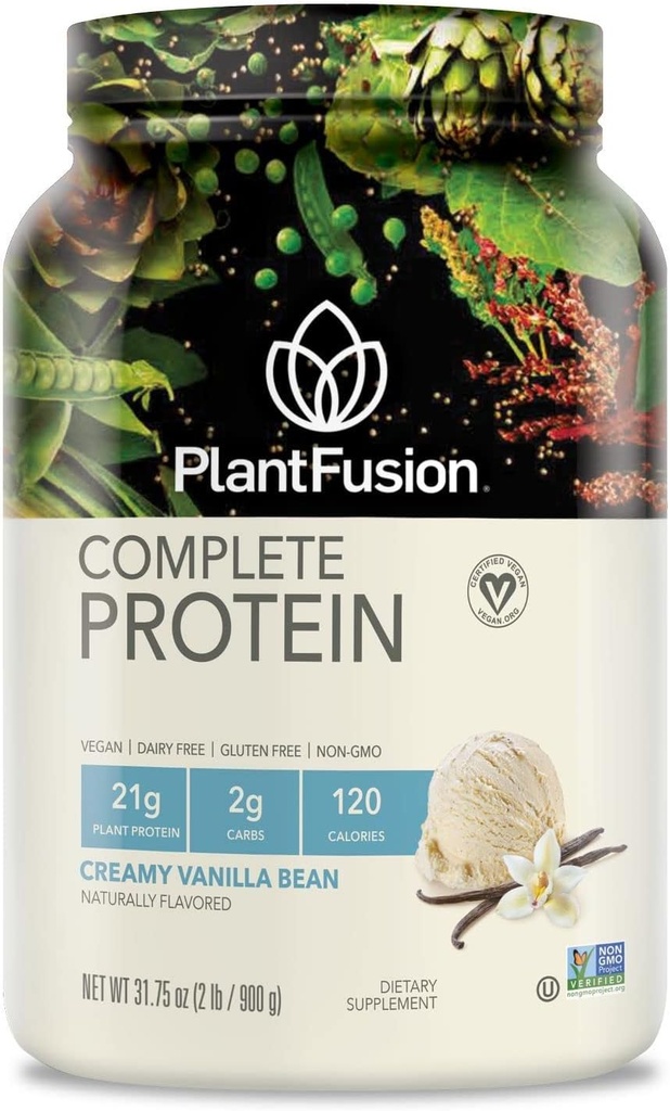 PlantFusion Complete Vegan proteino milteliai - Augalų pagrindo baltymų milteliai su BCAA, Digive fermentų ir pea baltymų - Keto, Gluten Free, Sojos Free, Non-Dairy, No Sugar, Non- GMO - Vanilla Bean 2 lb