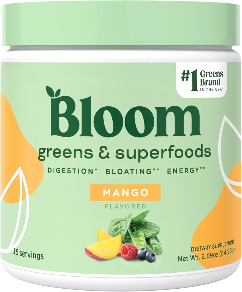 Bloom Nutrition Superfood Green Mill, Digestive Enzymes w / Probiotics & Prebiotics, Gut Health, Bloating Relief for Women, Chlorella, 15 SVG (15 serverių (pakuotėje 1), Mango)