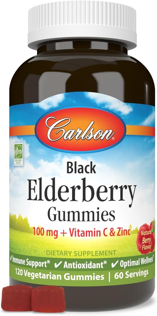 Carlson - Black Elderberry Gummies, su vitaminu C & Cinkas, imuninė parama, 120 Gummies