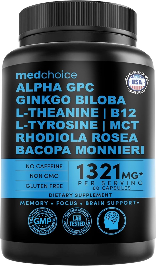 12-in-1 Nootropinis Ginkgo Biloba smegenų paramos, atminties ir dėmesio - B12, Alfa GPC, L Theanine ir Choline papildai su Biooperine Ne kofeined 1321mg (60ct)