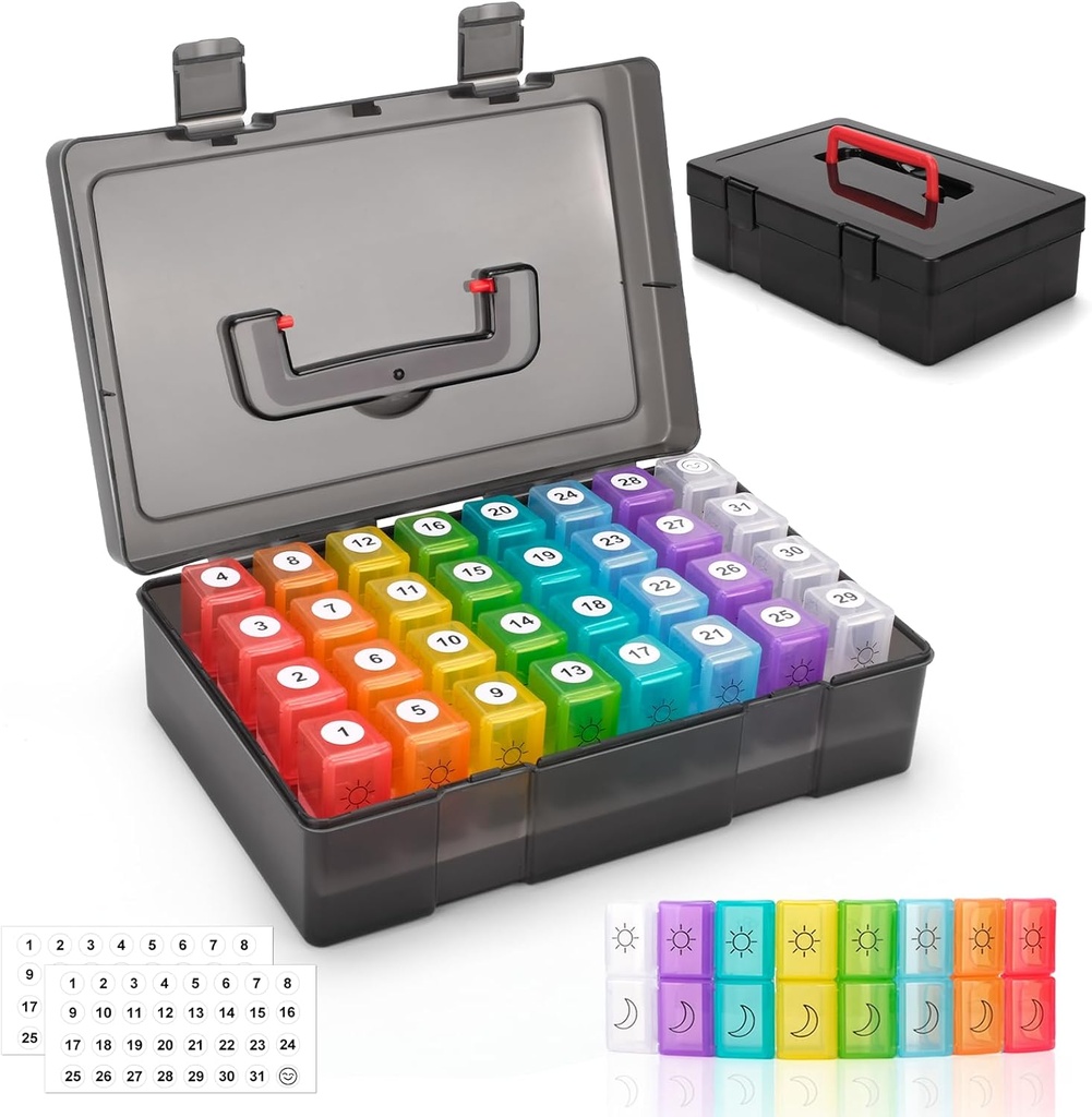 Mėnesinių pil Organizatorius 2 Times per dieną, 30 Dienos pil Organizatorius 2 Times per dieną, Pill Boxes and Organizatorius 2 Times per dieną su Travel Case, Mėnesio pil Box Organizatorius su 32 Dienos skyriai, Moth Pill Box Am Pm