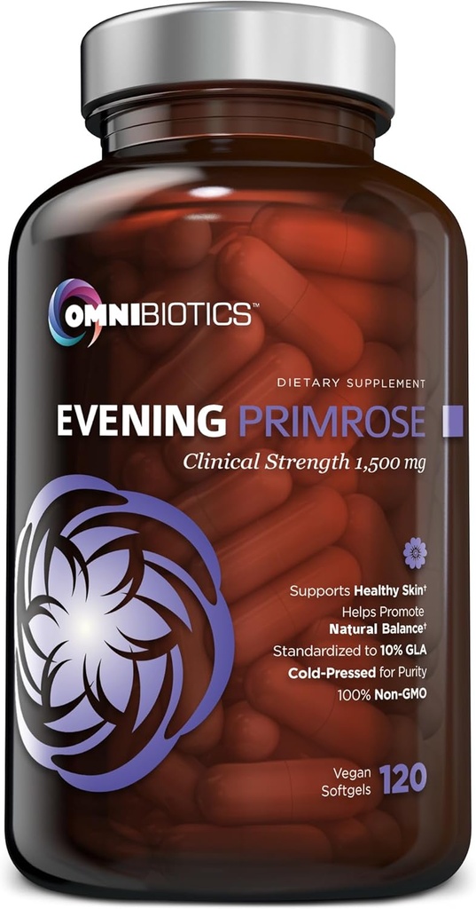 OmniBiotics Organic Evening Primrose Oil for Women - Klinikinis stiprumas 1500 mg vienoje kapsulėje, 10% GLA, Cold- pressed, Non- GMO, Hormonų balansas moterims - 120 Vegan Softgel Capsules