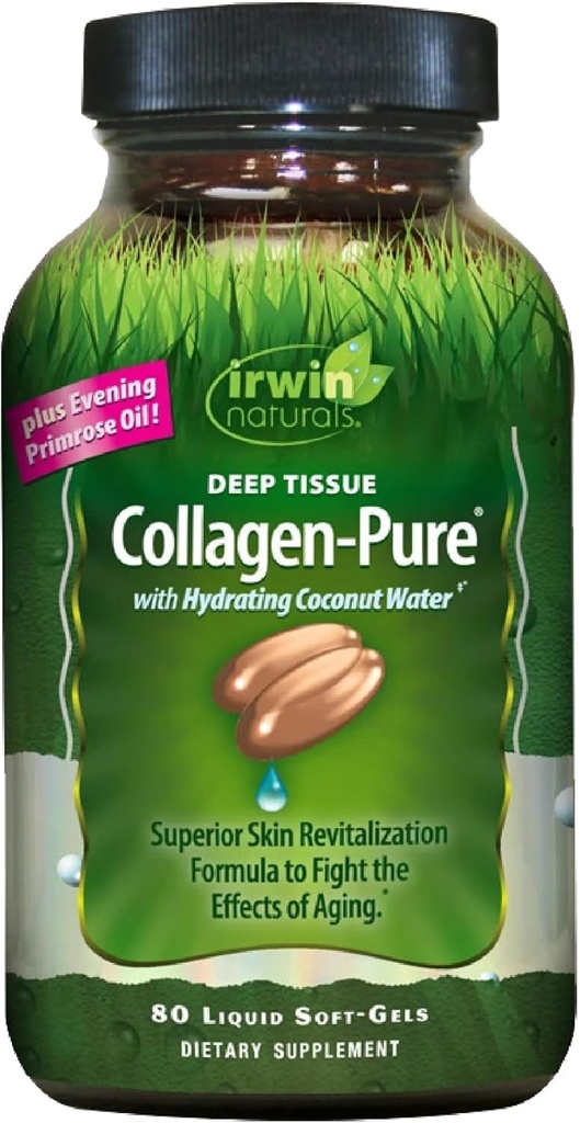 Irwin Naturals Deep Tissue Collagen-Pure - 80 Liquid Softgels - Superior Skin Revitalization to Fight The Effects of Aging - Includes Hydrating Coconut Water & Evening Primrose Oil