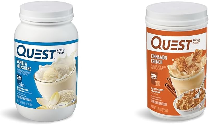 Quest Nutrition Vanilla Milkpurch baltymo milteliai, 24 g baltymo, 1 g cukraus, mažai karbo, Gluten Free, 3 svarai, 43 porcijos & Cinnamon Crunch baltymo milteliai, 20 g baltymo, 2g grynojo karbo, 1g cukraus