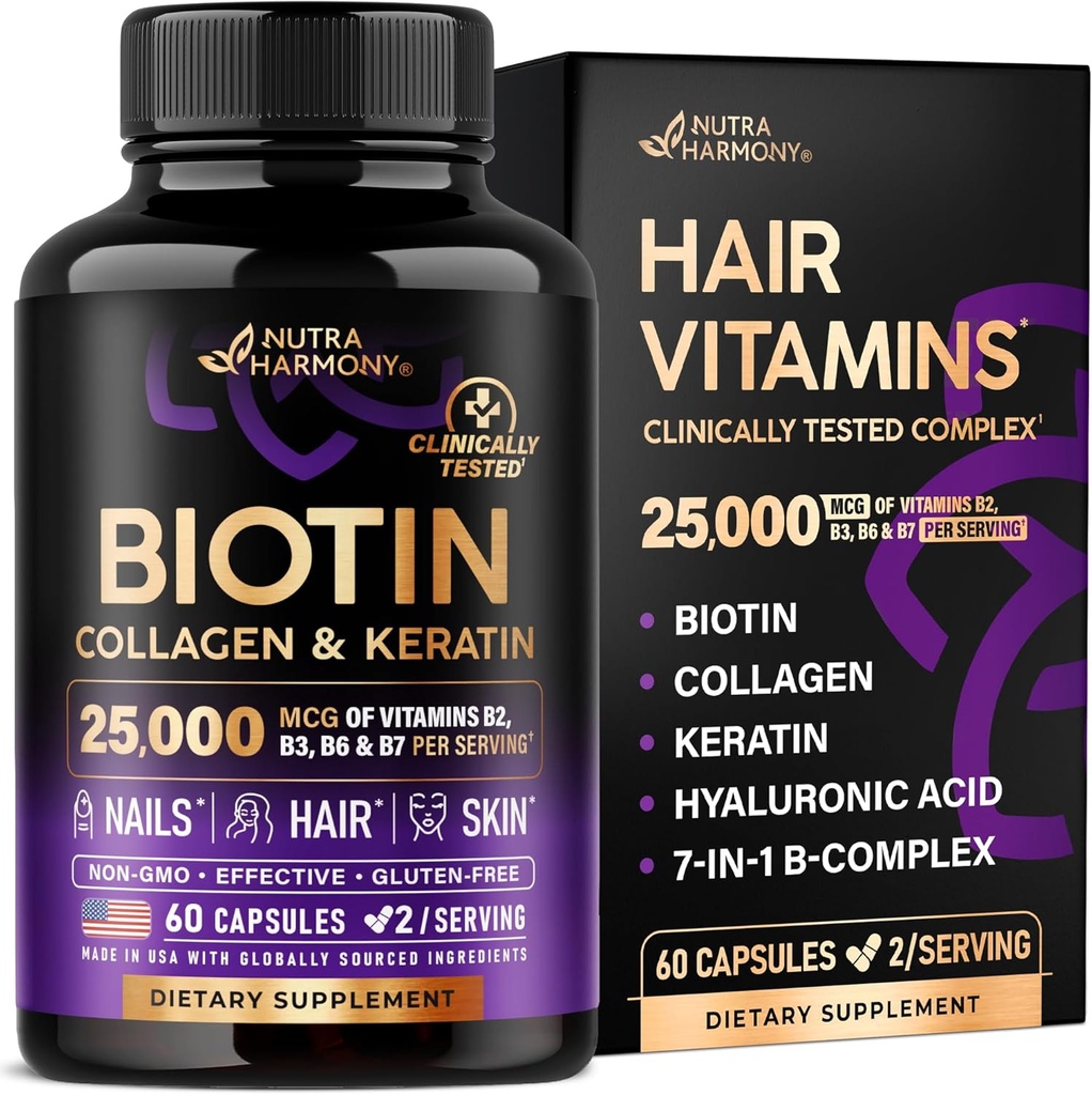 Biotin | Collagen | Hyaluronic Acid | Keratin - Clinically Tested Supplement - Hair Growth Support, Skin & Nails - 25000 mcg Vitamins B2, B3, B6 & B7 + B1 - Made in USA - Women & Men | 60 Capsules